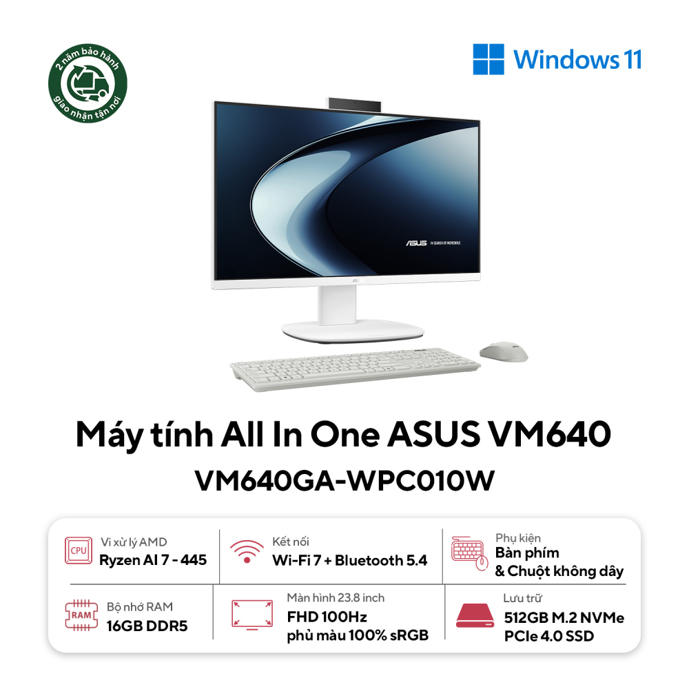 Máy tính để bàn All in one ASUS VM640GA-WPC010W (AMD Ryzen™AI 7 445 | 16GB | 512GB | Amd Radeon | 23.8 inch FHD 100Hz | Win 11)