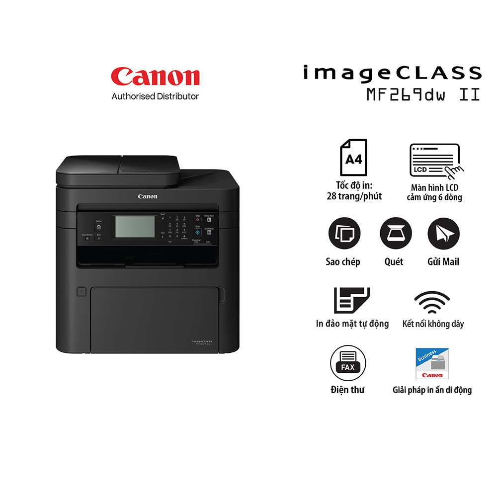 Máy in laser đen trắng đa năng Canon MF269dw II (In đảo mặt| Copy| Scan| Fax| ADF A4| A5| USB| LAN| WIFI)