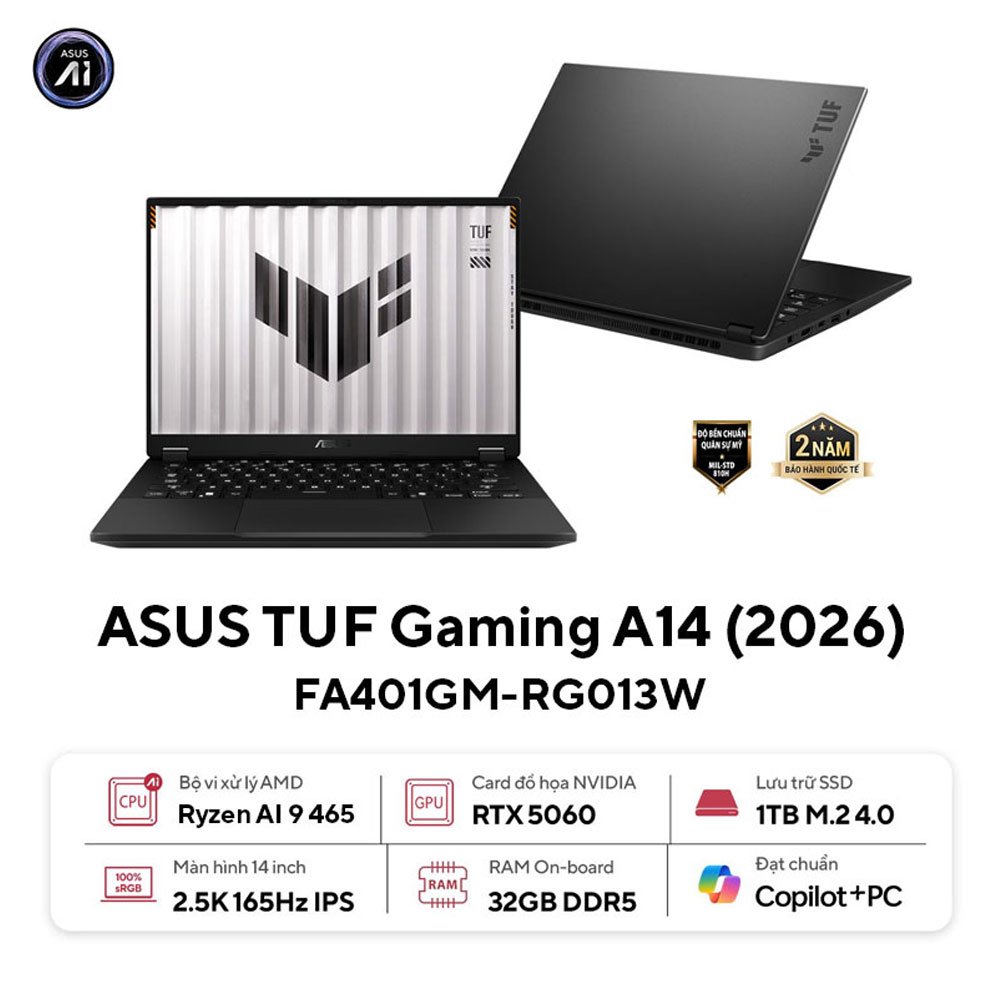 Laptop ASUS TUF Gaming A14 FA401GM-RG013W (AMD Ryzen AI 9 465 | RTX 5060 8GB GDDR7 | 14-inch WQXGA | 32GB | 1TB | Windows 11 | Xám)