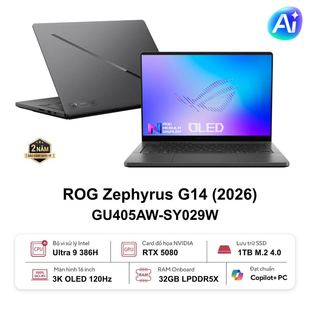 Laptop Gaming AI Asus ROG Zephyrus G14 GU405AW-SY029W (Core Ultra 9 386H | RTX 5080 16GB GDDR7 | 14-inch 3K | 32GB | 1TB | Windows 11 | Xám)