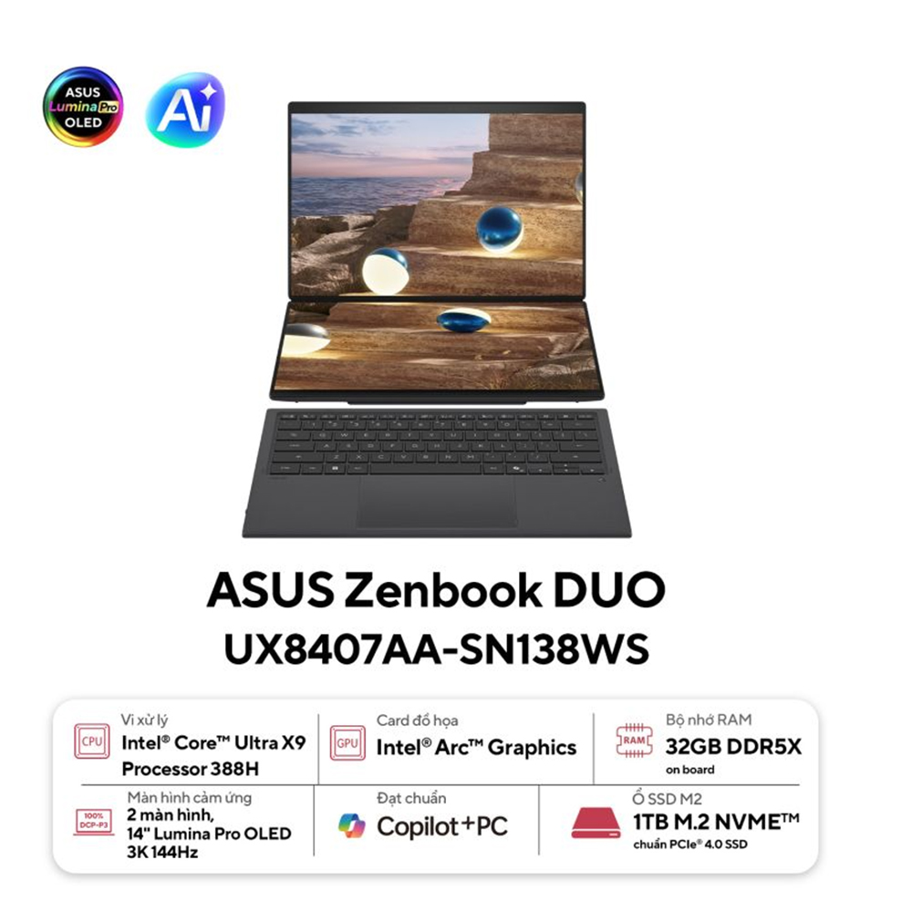 Laptop Asus ZenBook Duo UX8407AA-SN138WS (Intel® Core™ Ultra X9 388H | 32GB | 1TB | Intel Arc | 14 inch 3K 144Hz | Win 11 | Office | Xám)