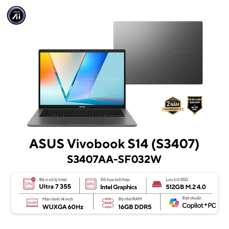 Laptop ASUS Vivobook S14 S3407AA-SF032W (Core Ultra 7 355 | 16GB | 512GB | Intel Graphics | 14 WUXGA OLED | Win 11 | Xám)