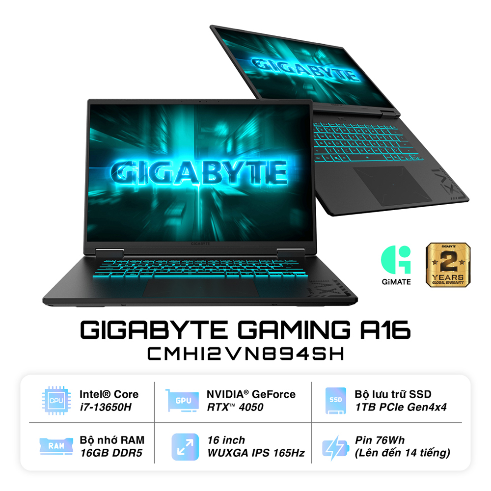 Laptop Gigabyte GAMING A16 CMHI2VN894SH (Intel Core i7-13620H | RTX 4050 6GB | 16 inch IPS WUXGA | 16GB | 1TB | Win 11 | Đen)