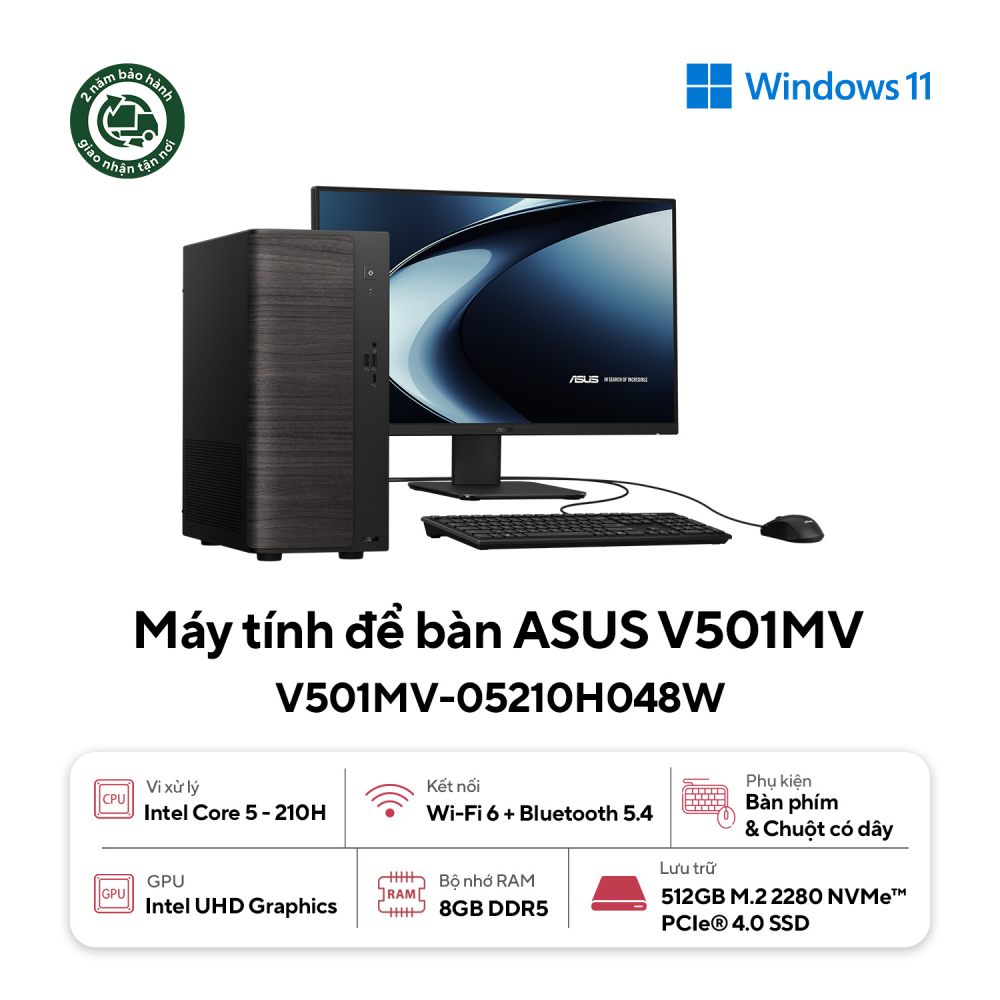 Máy tính để bàn Asus V501MV-05210H048W (Intel Core 5 210H | 8GB | 512GB SSD | Wifi + BT | Key/ Mouse | Win11 | 2Y)