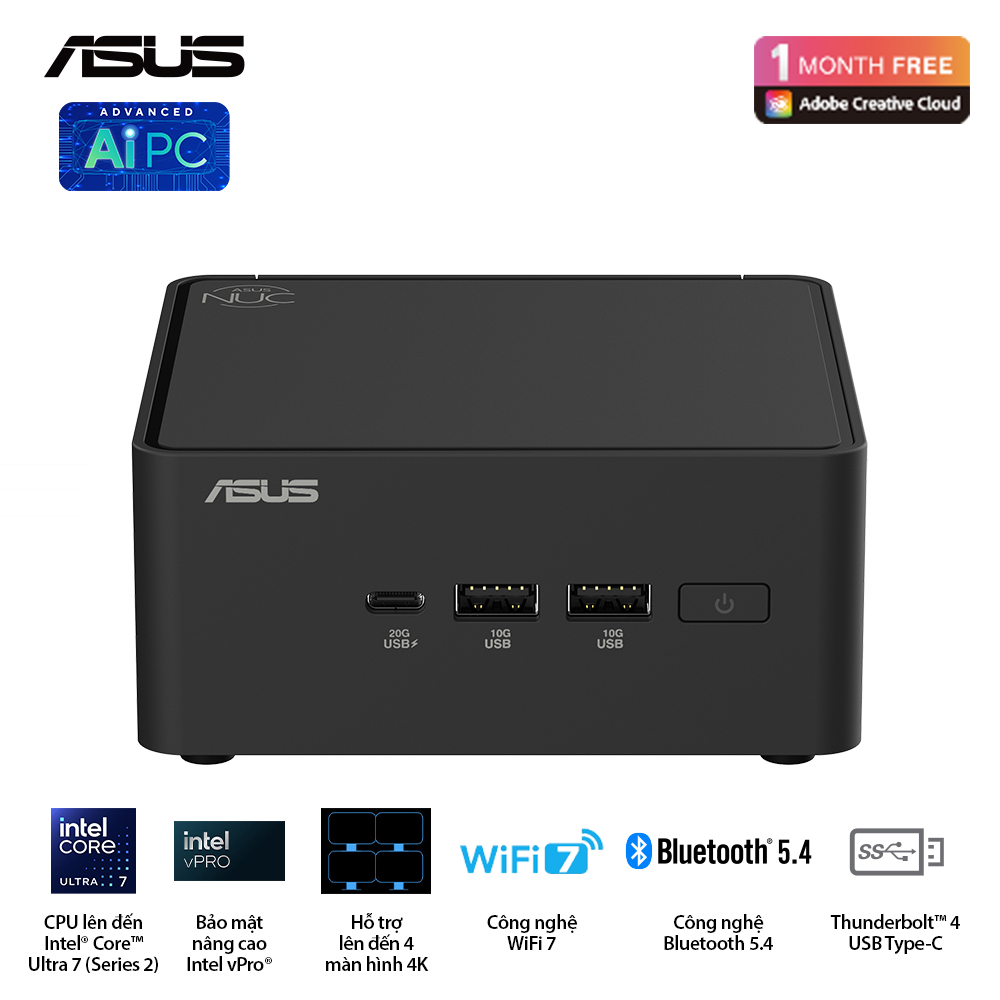 Bộ Mini PC Asus NUC 15 PRO Tall RNUC15CRHU5 (Intel Core Ultra 5 225H | Intel Arc GPU | 2xDDR5-6400 | 2xNVMe,SATA | 2x HDMI 2.1 | 2x Thunderbolt | VESA MOUNT | Black) hỗ trợ OpenClaw, NemoClaw