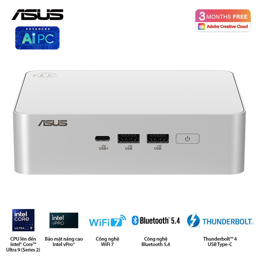 Bộ Mini PC Asus NUC 15 PRO RNUC15CRSU500000I (Intel Core Ultra 5 225H | Intel Arc GPU | 2xDDR5-6400 | 2xNVMe | 2x HDMI 2.1 | 2x Thunderbolt | VESA MOUNT | WHITE)